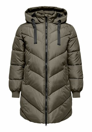 Khaki kurtka puchowa z kapturem, z pełnym zamkiem, kontrastującymi czarnymi sznurkami ściągającymi i przeszyciami w kształcie litery V dla dodatkowej tekstury.