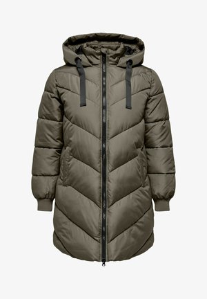 Khaki kurtka puchowa z kapturem, z pełnym zamkiem, kontrastującymi czarnymi sznurkami ściągającymi i przeszyciami w kształcie litery V dla dodatkowej tekstury.