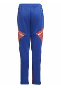 Blauwe sportbroek met een rode diagonale lijn, voorzien van witte zijstrepen en een gestructureerde stof. Elastische tailleband voor extra comfort.