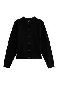 Zwarte gebreide cardigan met een ronde halslijn, lange mouwen en zes knopen aan de voorkant. Zachte textuur, cropped ontwerp en geen zichtbare patronen.