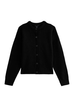 Black knitted cardigan with a round neckline, long sleeves, and six front buttons. Soft texture, cropped design, and no visible patterns.