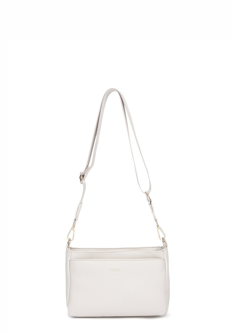 Borsa a spalla bianca in pelle con tracolla regolabile, superficie texturizzata, accessori in tono oro e chiusura con zip. Presenta un design minimalista.