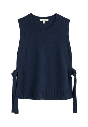 Un pull sans manches bleu marine en tricot doux, avec des liens sur les côtés et un ourlet côtelé pour un ajustement décontracté.