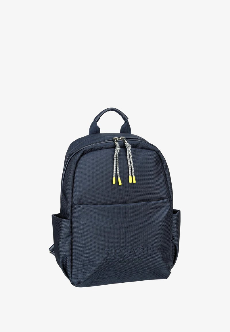 Zaino testurizzato blu navy con tasca frontale, doppie zip con puntali gialli e maniglia imbottita. Include spallacci.