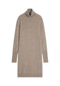 Vestito beige a collo alto con maniche lunghe, texture soffice e vestibilità comoda. Presenta un colletto alto e spacco laterale sull'orlo.