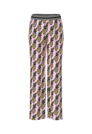 Pajama pants made of lightweight fabric with a pink background, featuring repeated yellow and black pineapple patterns and a striped waistband.