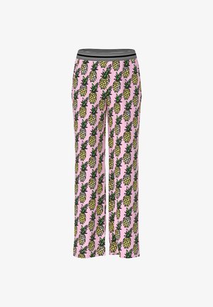 Pajama pants made of lightweight fabric with a pink background, featuring repeated yellow and black pineapple patterns and a striped waistband.