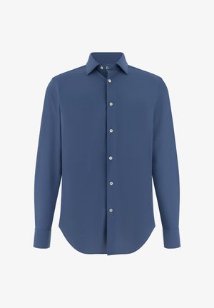 Chemise longue à manches longues bleue, dotée d'un col classique, d'une patte de boutonnage devant et d'un ourlet arrondi. Confectionnée dans un tissu lisse avec une subtile brillance.