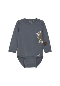 Grijze lange mouw romper van zachte katoen, met een corgi-afbeelding en een pompon-staartdetail. Drukknopen aan de onderkant voor gemakkelijke aankleding.