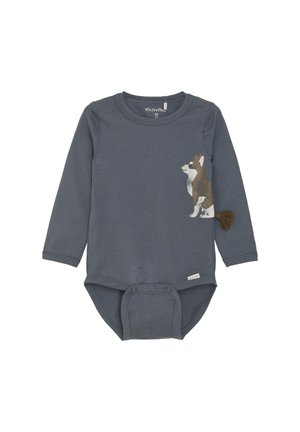Långärmad grå sparkdräkt i mjuk bomull, med en corgi-illustration och en pom-pom svansdetalj. Snäppstängning i botten för enkel klädsel.