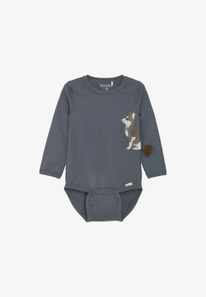 Grenouillère à manches longues en coton doux, de couleur gris, avec un graphique de corgi et un détail de queue en pompon. Fermeture à pression au bas pour un habillage facile.