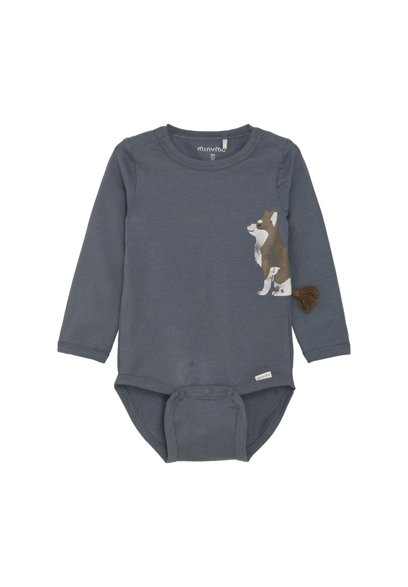 Grijze lange mouw romper van zachte katoen, met een corgi-afbeelding en een pompon-staartdetail. Drukknopen aan de onderkant voor gemakkelijke aankleding.