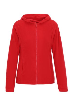 Red fleece hoodie with a full front zipper, two side pockets, and a drawstring hood. Soft texture and comfortable fit.