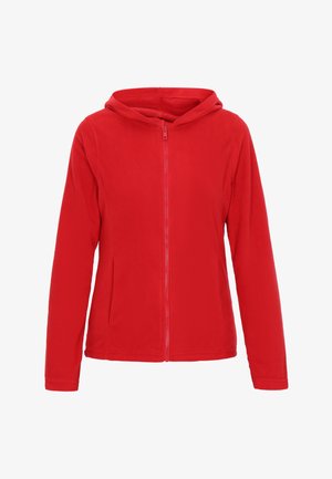 Red fleece hoodie with a full front zipper, two side pockets, and a drawstring hood. Soft texture and comfortable fit.