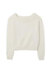 Weißer, verkürzter Pullover aus weichem Strickstoff. Verfügt über einen weiten Rippenkragen und -bündchen sowie eine glatte, leichte Textur.