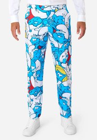 Blue and white trousers featuring various Smurf characters, made of fabric with a smooth texture, designed with a colorful all-over print.