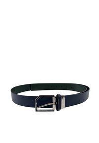 Cintura in pelle blu con finitura testurizzata, fibbia metallica a forma rettangolare e logo in evidenza, progettata per un utilizzo moderno.