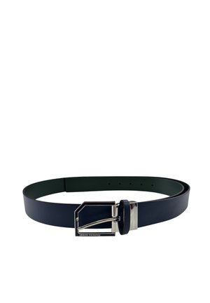 Cintura in pelle blu con finitura testurizzata, fibbia metallica a forma rettangolare e logo in evidenza, progettata per un utilizzo moderno.
