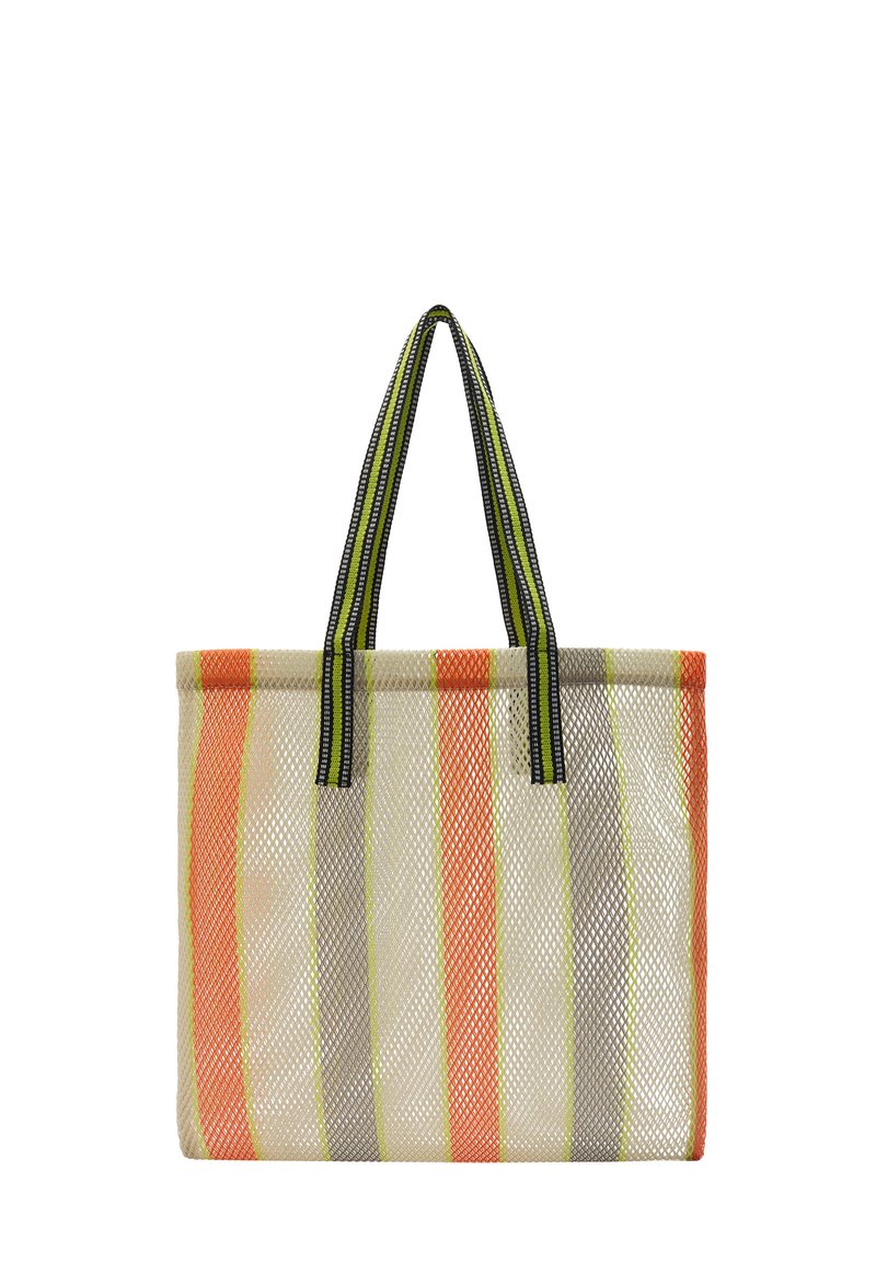 Siatka torebka w kolorze kremowym z pionowymi pomarańczowymi, szarymi i zielonymi paskami. Posiada dwa paski w paski jako uchwyty oraz otwarte wykończenie. Teksturowana powierzchnia.