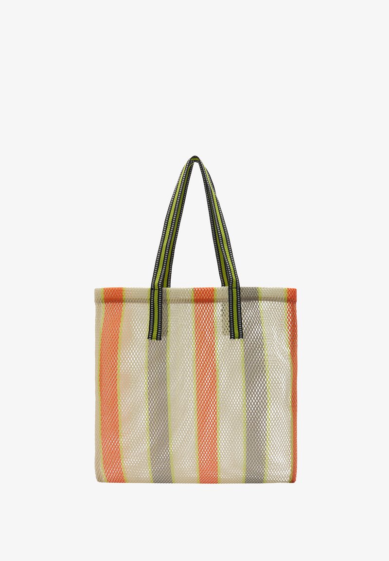 Siatka torebka w kolorze kremowym z pionowymi pomarańczowymi, szarymi i zielonymi paskami. Posiada dwa paski w paski jako uchwyty oraz otwarte wykończenie. Teksturowana powierzchnia.