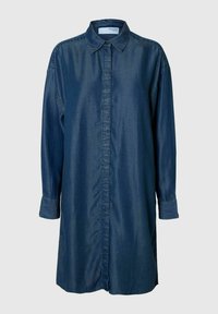 Tummansininen farkkumekko, jossa on kaulus, nappilistat edessä, pitkät hihat ja väljä malli. Silkkinen pinta, jossa on minimaalinen ompeluyksityiskohta.