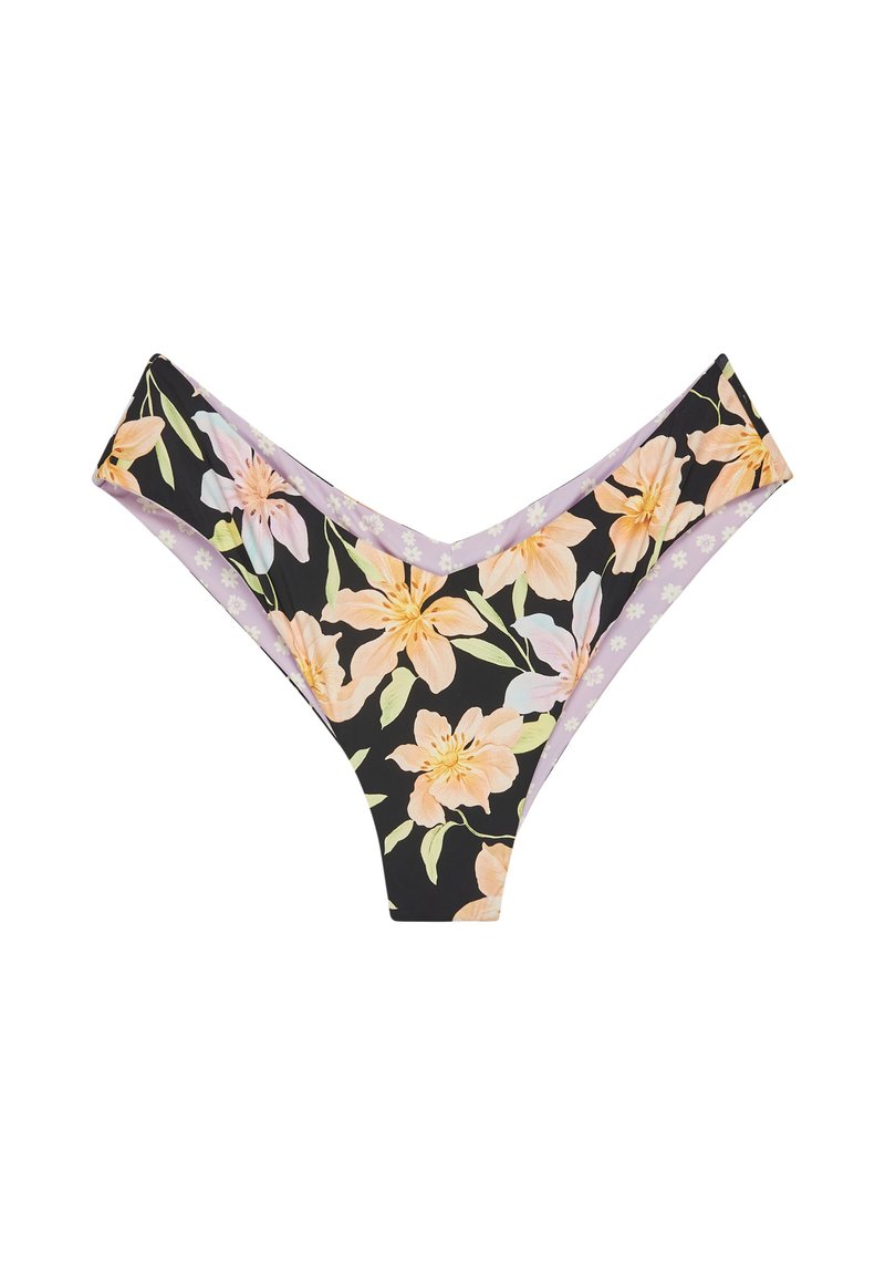 Floral bikini bottom featuring a black base with peach and lavender flowers. V-shaped design with contrasting lilac trim and soft texture.