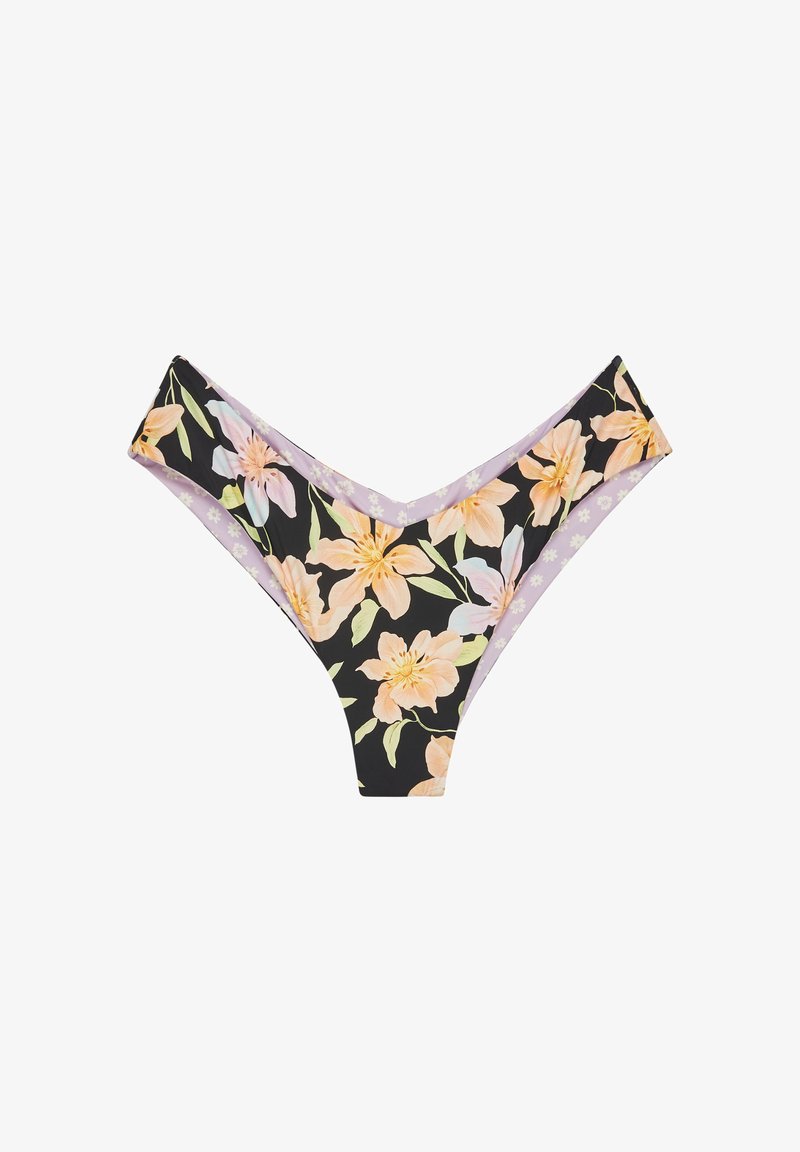 Bas de bikini floral avec une base noire ornée de fleurs pêches et lavande. Conception en V avec une bordure lilas contrastante et une texture douce.