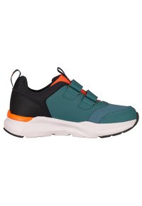 Turkusowo-czarne buty sportowe z pomarańczowymi akcentami, z siateczkową i syntetyczną cholewką, regulowanymi paskami oraz wyściełaną białą podeszwą.