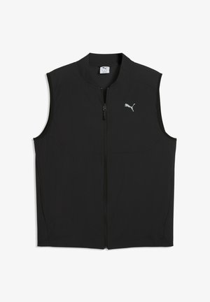 Schwarze ärmellose Weste mit Frontreißverschluss und kleinem weißen Puma-Logo auf der linken Brust, aus leichtem Stoff gefertigt.