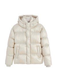 Doudoune beige clair avec une finition brillante, des poignets à côtes, des poches avant et un col haut avec une capuche attachée.