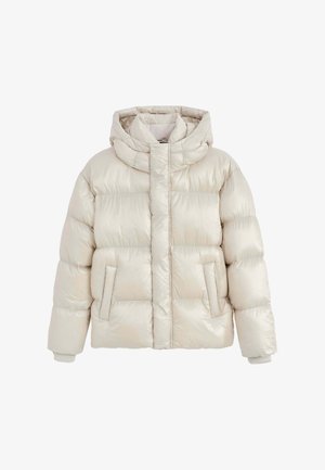 Doudoune beige clair avec une finition brillante, des poignets à côtes, des poches avant et un col haut avec une capuche attachée.