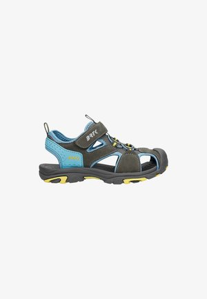 Water sandals featuring a grey and blue design, with adjustable straps, breathable mesh, rubber sole, and bright yellow accents.