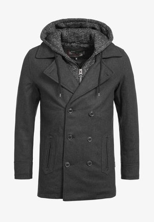 Double-breasted coat in dark gray wool blend. Features a knit hood, black buttons, and side pockets. Soft texture and structured design.