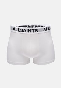 Boxer-briefs blancs avec une texture douce, dotés d'une ceinture noire contrastante portant le logo "ALLSAINTS". Design ajusté avec des coutures.