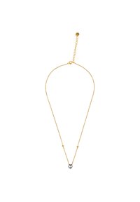 Goldene Kettenhalskette mit einem zentralen klaren Edelsteinanhänger, verstellbarer Länge und kleinen runden Akzenten entlang der Kette.