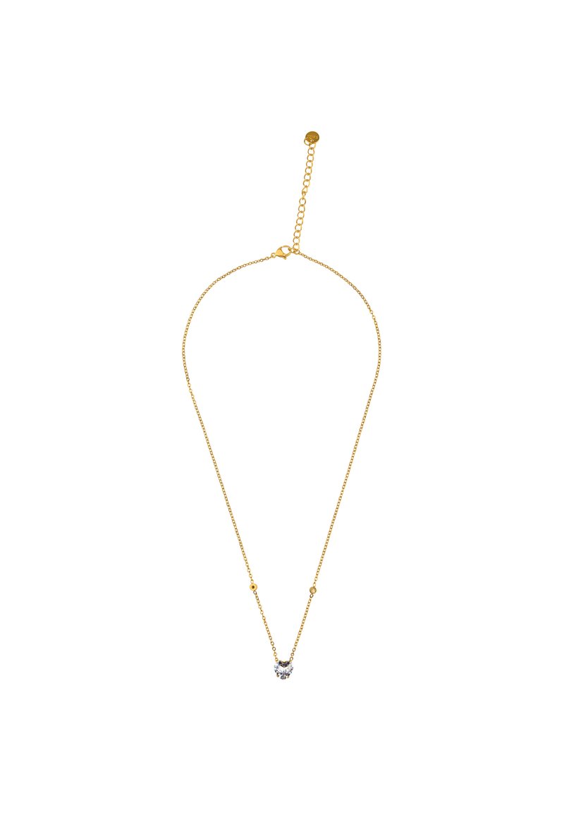 Goldene Kettenhalskette mit einem zentralen klaren Edelsteinanhänger, verstellbarer Länge und kleinen runden Akzenten entlang der Kette.