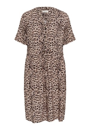 Leopard print short-sleeve dress in beige and brown, featuring a button-down front, a tie waist, and flowing fabric.