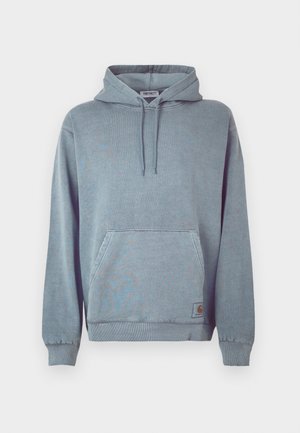 Sudadera con capucha azul claro hecha de una mezcla suave de algodón, con bolsillo tipo canguro, capucha con cordón, puños acanalados y un pequeño parche con logo.