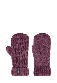 Moufles tricotées en violet profond avec un motif texturé. Elles possèdent un poignet côtelé et un pouce. L'étiquette est visible sur le côté.