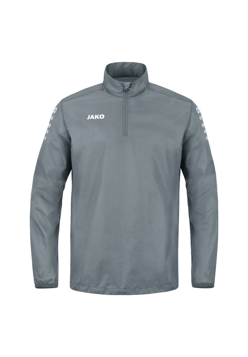 Giacca leggera grigia con zip a un quarto, colletto alto e logo JAKO; presenta accenti arrotondati sulle spalle con punti sulle maniche.