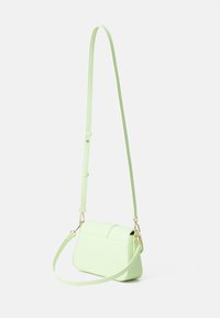 Borsa a tracolla verde chiaro in pelle sintetica. Forma rettangolare con chiusura a patta e tracolla regolabile. Accenti in metallo dorato.