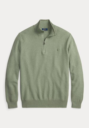 Maglione verde chiaro lavorato a maglia con mezza zip, maniche lunghe e polsini a coste, con piccolo logo Polo Ralph Lauren ricamato sul petto.