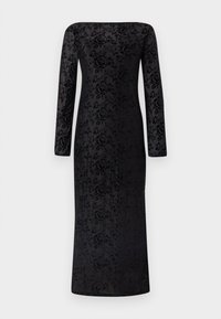 Μακρυμάνικο μαύρο φόρεμα με λουλουδάτο μοτίβο, ίσια λαιμόκοψη και εφαρμοστή γραμμή, κατασκευασμένο από υφασμένο ύφασμα. Σιλουέτα μέχρι το πάτωμα.