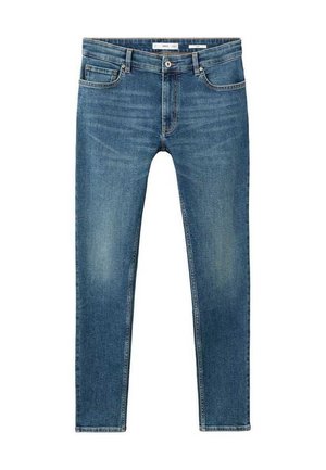 Jean skinny en denim bleu foncé. Comprend cinq poches, une braguette à fermeture éclair à l'avant et un léger délavage au niveau des cuisses.
