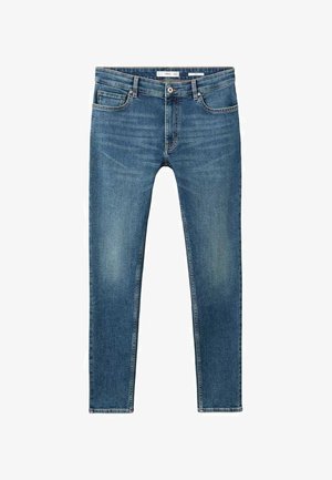 Jean skinny en denim bleu foncé. Comprend cinq poches, une braguette à fermeture éclair à l'avant et un léger délavage au niveau des cuisses.