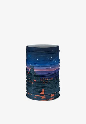Halswärmer mit einem Farbverlauf-Design des Nachthimmels, das Sterne und dunkle Silhouetten von Bergen mit roten Akzenten zeigt.