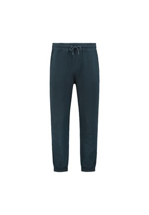 Pantaloni de trening de culoare albastru închis, confecționați dintr-un material moale, având o talie elastică cu șnur și tivuri taperate la glezne.
