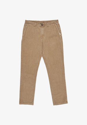 Tan bomuldsbukser med slim fit, forlommer og knaplukning. Har en blød tekstur og diskrete syninger.