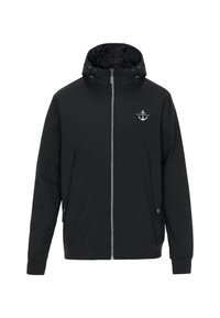 Sort hættejakke med lynlås foran, elastiske manchetter og to forlommer. Har et lille ankerlogo på brystet. Glat tekstur.