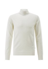 Weißer Langarm-Turtleneck-Pullover mit gerippten Bündchen und Saum, auf einem schlichten weißen Hintergrund präsentiert.